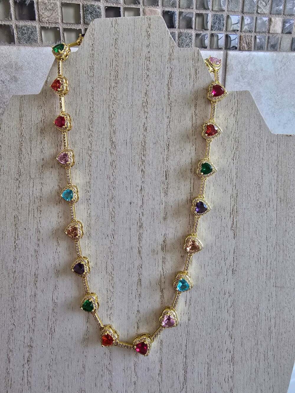 Multicolor Heart-Shaped Cubic Zirconia Tennis Necklace in Gold Tone